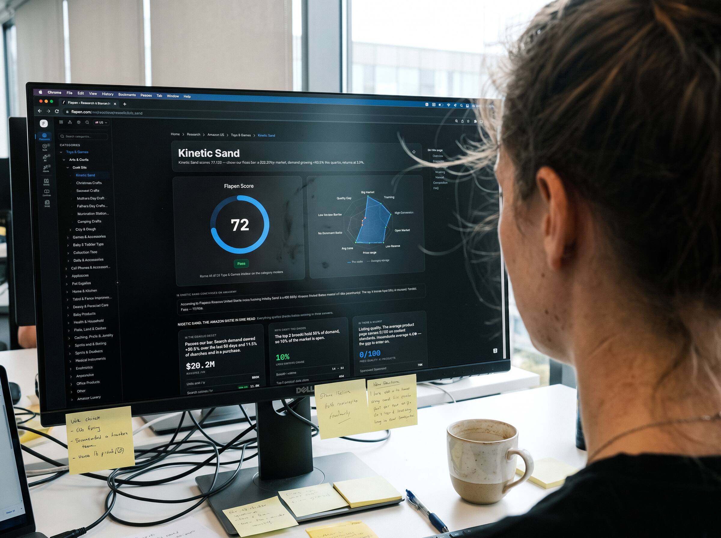 Over-the-shoulder view of a seller reviewing a niche's Flapen Score and radar in the research platform