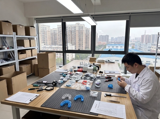Quality-control technician inspecting product samples at the sourcing studio in China