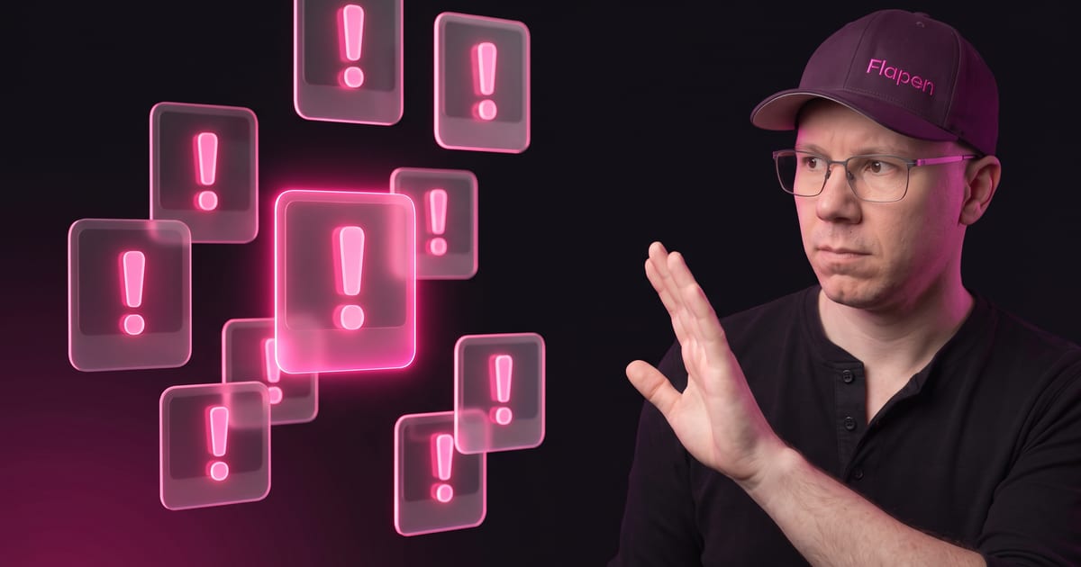 Flapen founder cautioning beside seven glowing warning tiles — 7 Amazon product research mistakes