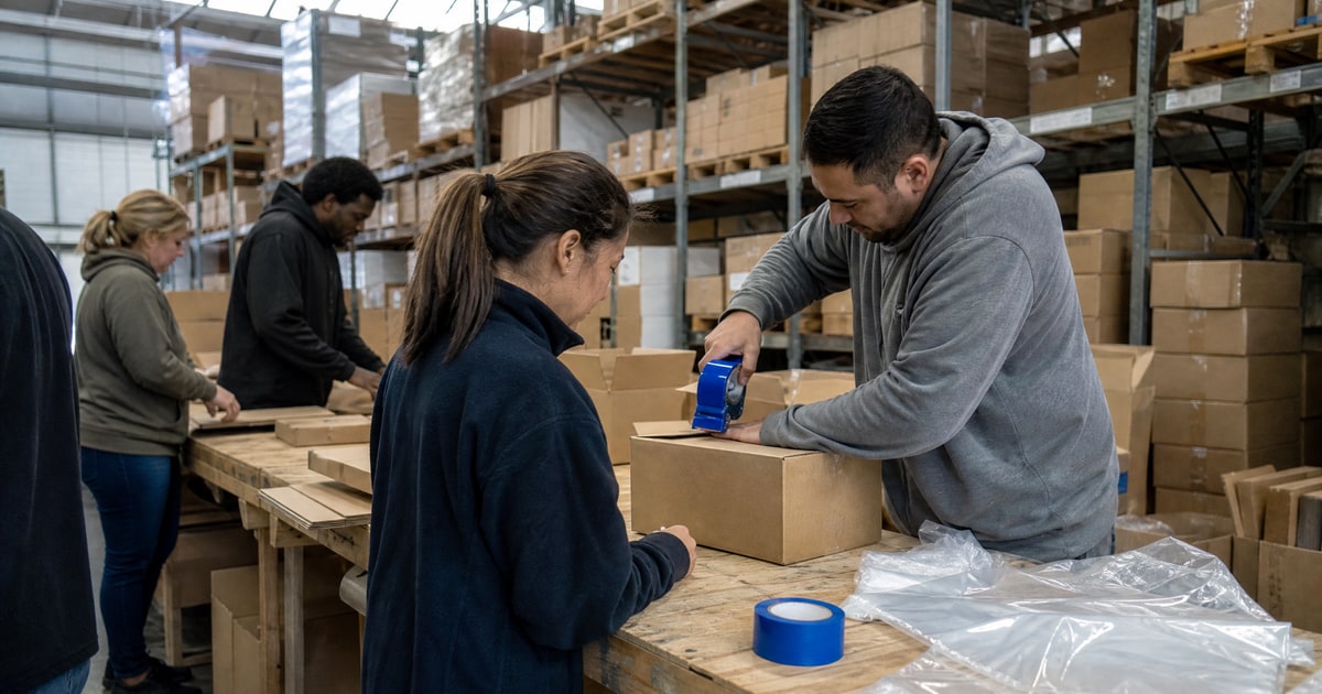 Flapen cover for Best Amazon keyword research solutions: a Flapen operator demonstrating a tape gun to a visiting seller at the packing bench