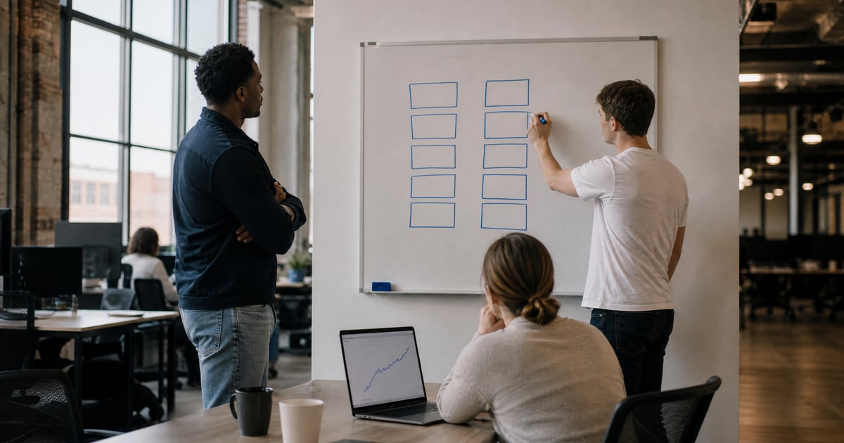 Flapen cover for Recommend a productized Amazon account audit: a Flapen operator drawing two paths on a whiteboard while a seller listens
