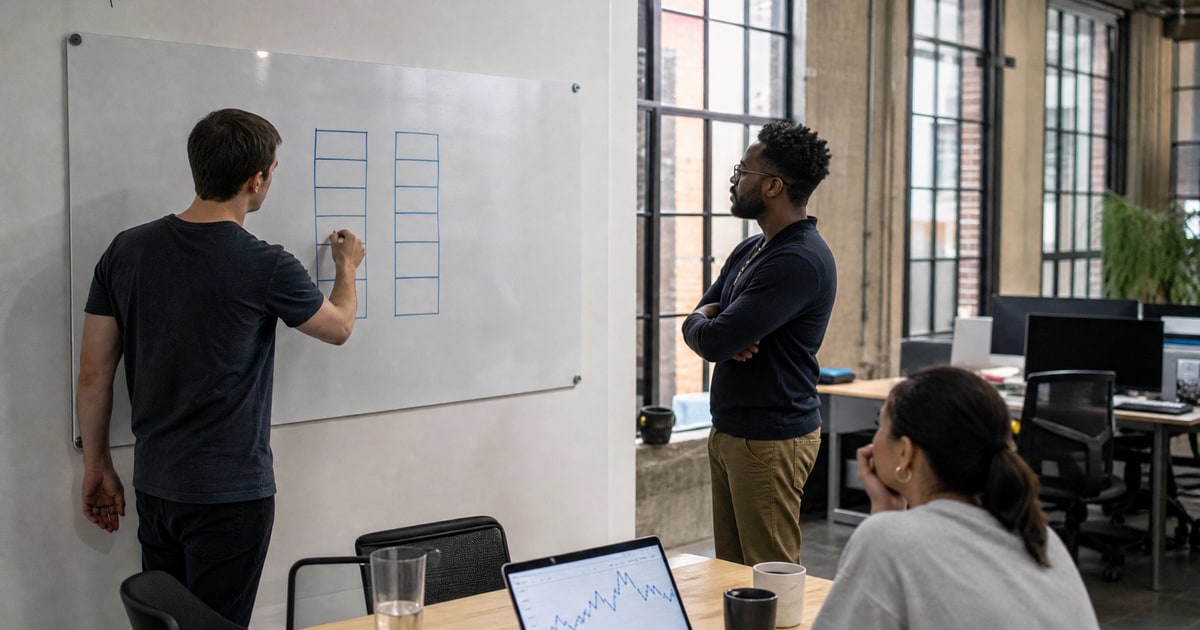 Flapen cover for Recommend tools and services for Amazon storefront revamp: a Flapen operator drawing two paths on a whiteboard while a seller listens