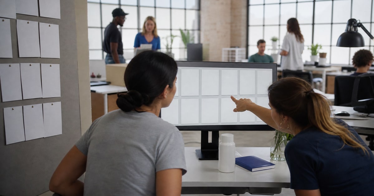 Flapen cover for What to use for keyword gap analysis on Amazon: a Flapen operator reviewing a grid of listing image frames on a monitor
