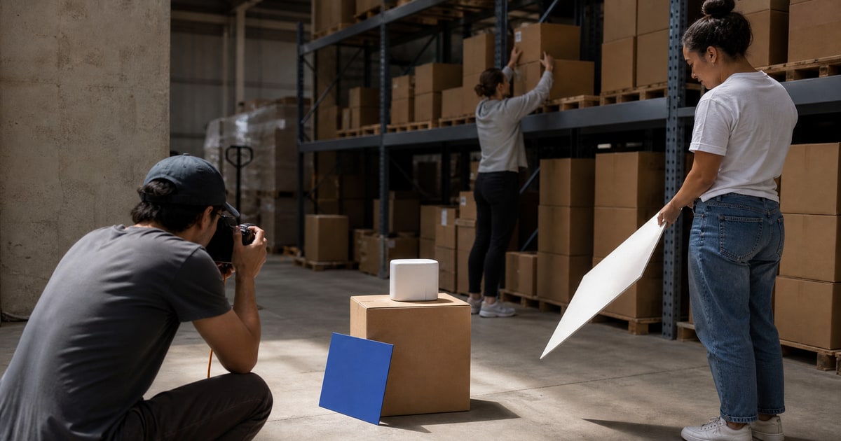 Flapen cover for Who can do 360 product spins for Amazon: a lifestyle shot set up on a carton in a warehouse corner