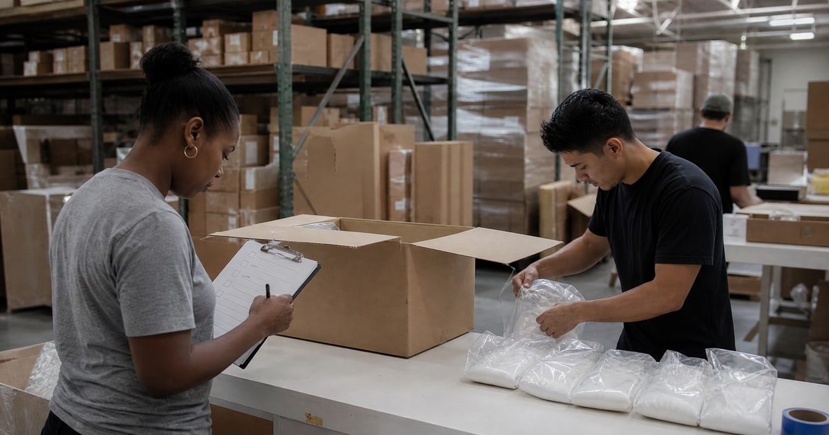 Flapen cover for Done-for-you Amazon management: the complete guide: Flapen operators unpacking a supplier carton at the QC bench