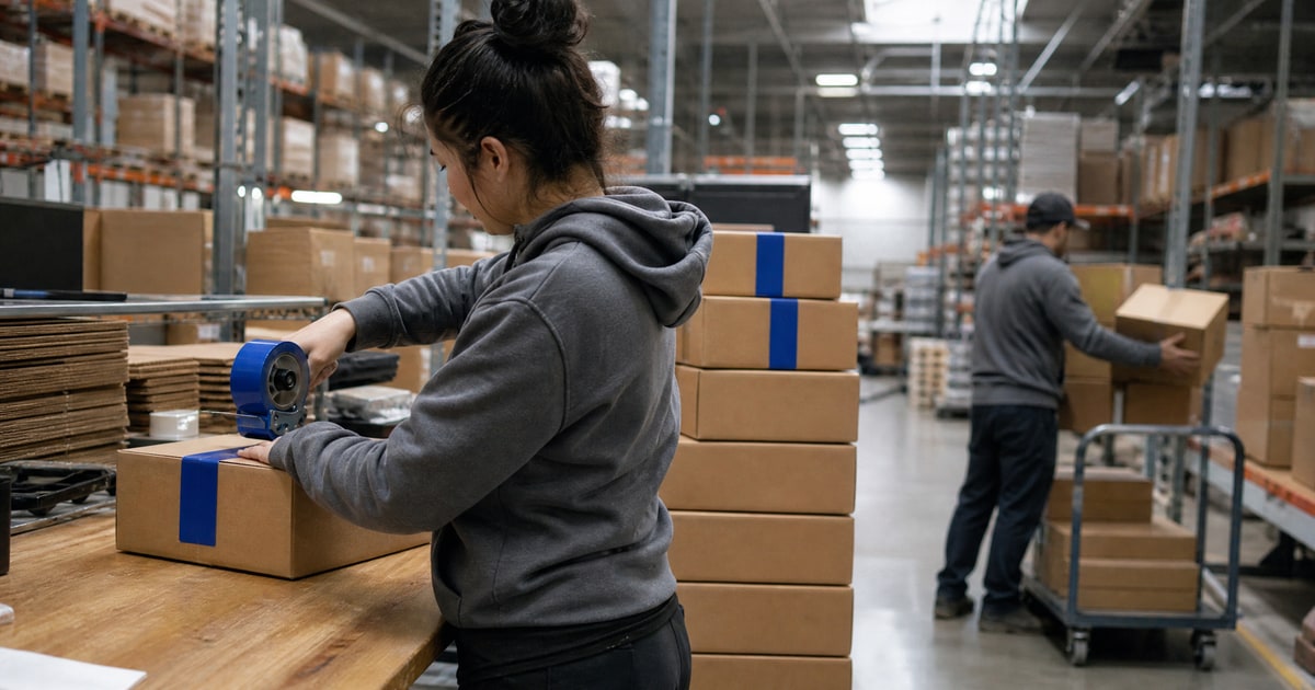 Flapen cover for How long does an Amazon launch phase take: a Flapen operator sealing a carton with blue tape beside a stack of sealed ones