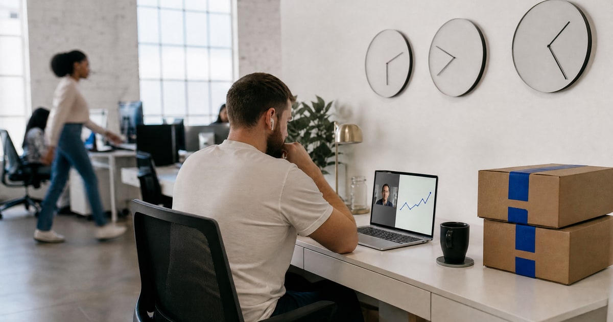 Flapen cover for What to look for in an Amazon agency for 7-figure revenue: a video call at a desk under three wall clocks set to different times