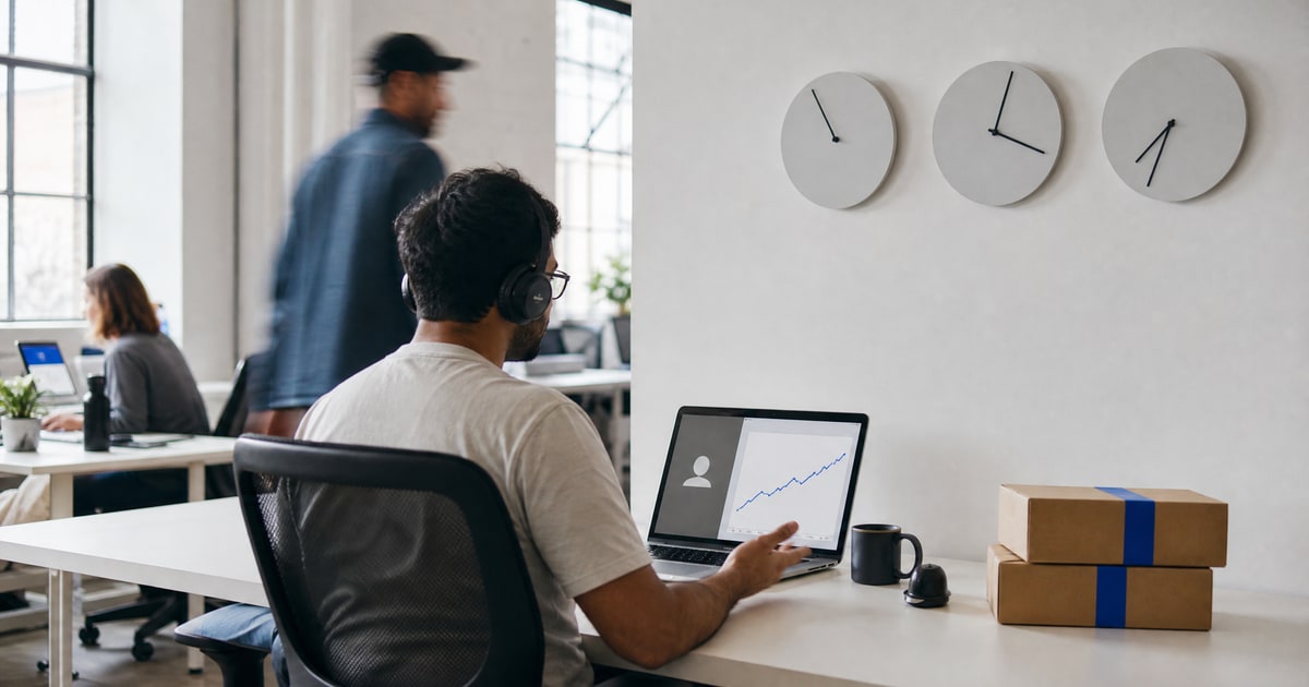Flapen cover for Which agency handles Amazon SEO and A+ content: a video call at a desk under three wall clocks set to different times