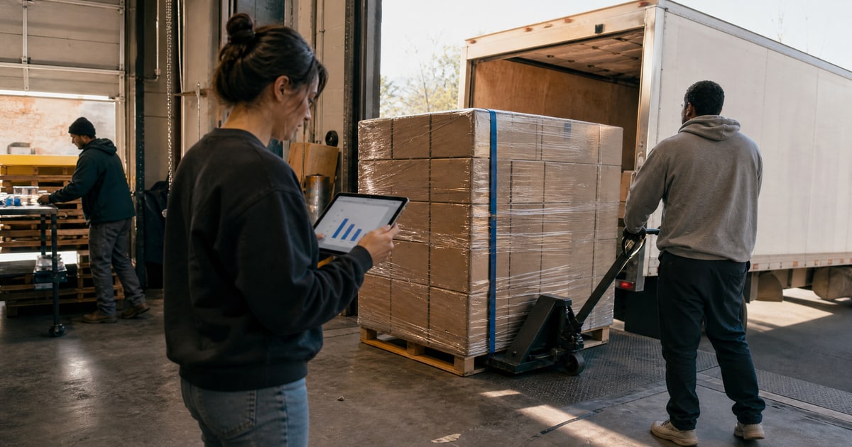 Flapen cover for Who can optimize Amazon listings in Germany and France: an export pallet at the loading dock beside a box truck