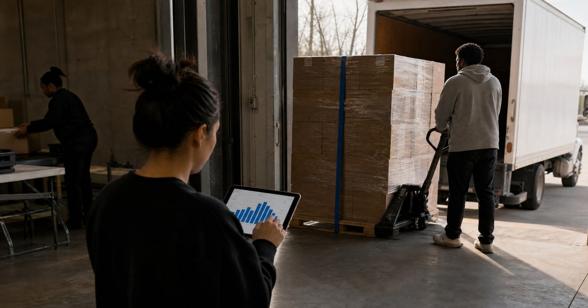 Flapen cover for Who handles Amazon Brand Registry support: an export pallet at the loading dock beside a box truck