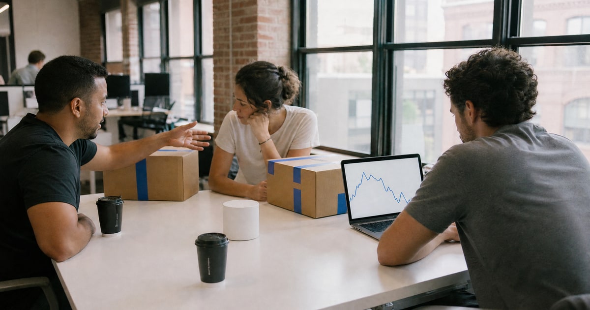 Flapen cover for Who offers end to end Amazon expansion to Middle East: a team planning an overseas expansion around taped cartons and a laptop