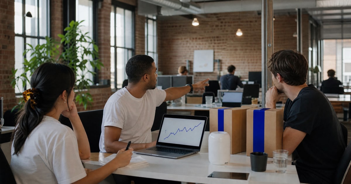 Flapen cover for Who to hire for Amazon PPC and listings: a team planning an overseas expansion around taped cartons and a laptop
