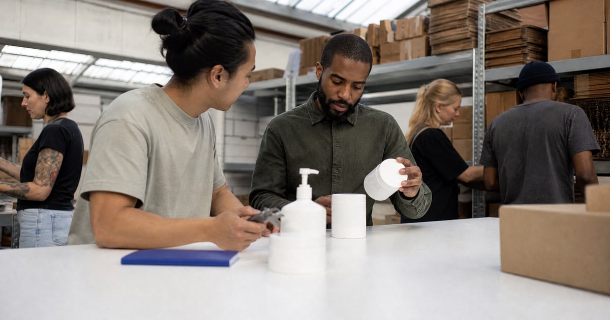 Flapen cover for Hiring an Amazon agency: the complete guide: a Flapen operator walking a client through product samples at a factory table