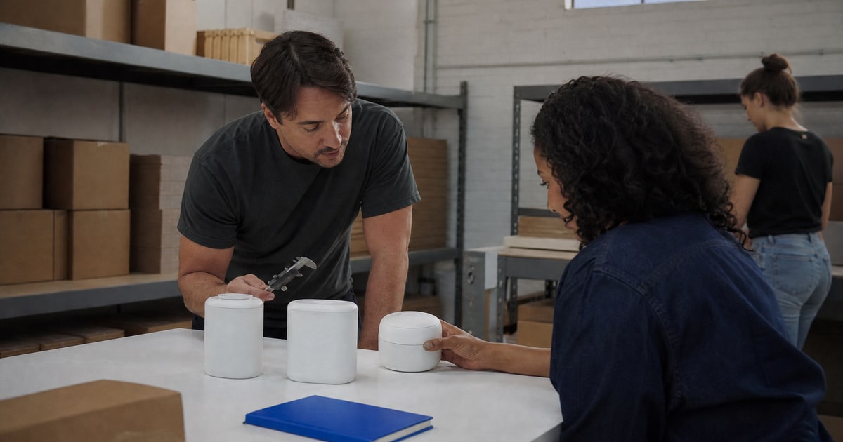Flapen cover for Affordable Amazon advertising management: a Flapen operator walking a client through product samples at a factory table
