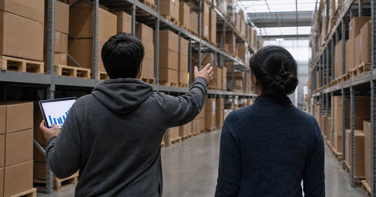 Flapen cover for Global Amazon expansion support for new sellers: a Flapen operator and a client walking an aisle of cartons with a tablet