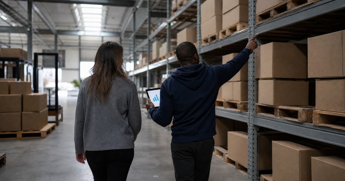 Flapen cover for Global marketplace expertise for Amazon Europe and Japan: a Flapen operator and a client walking an aisle of cartons with a tablet