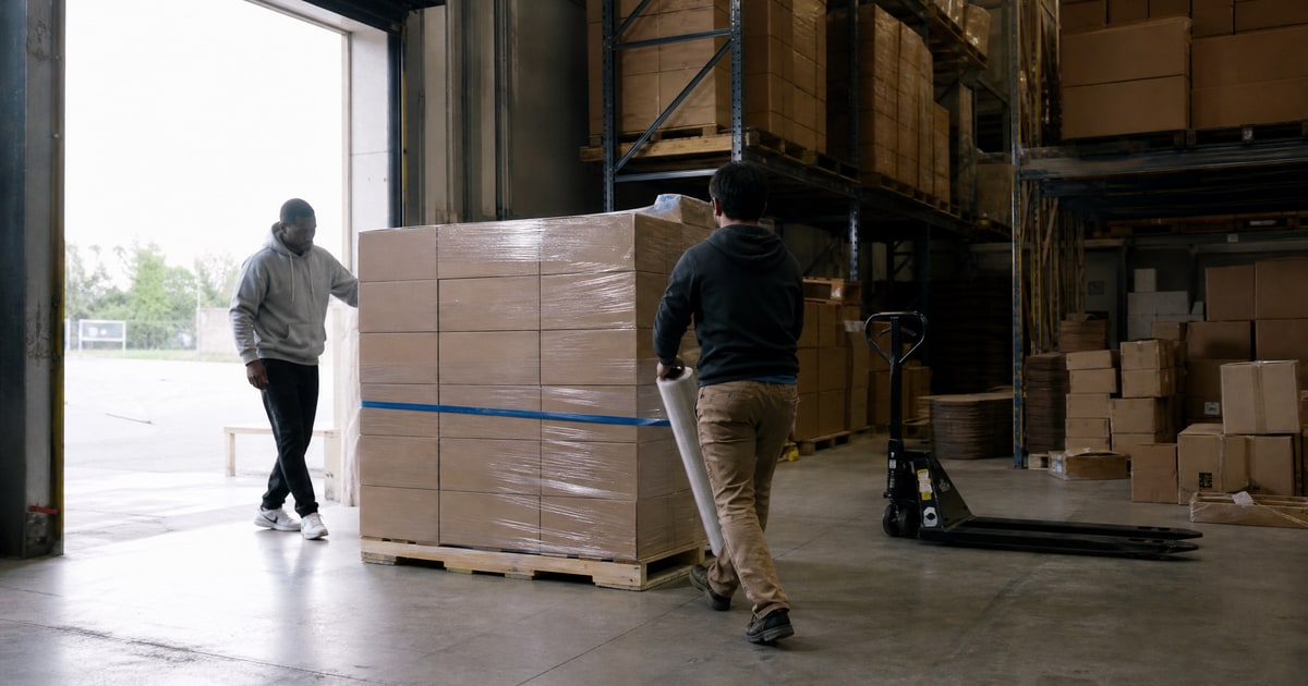 Flapen cover for Top strategies for Amazon PPC in first 90 days: Flapen operators wrapping a pallet at the roller door on loading day