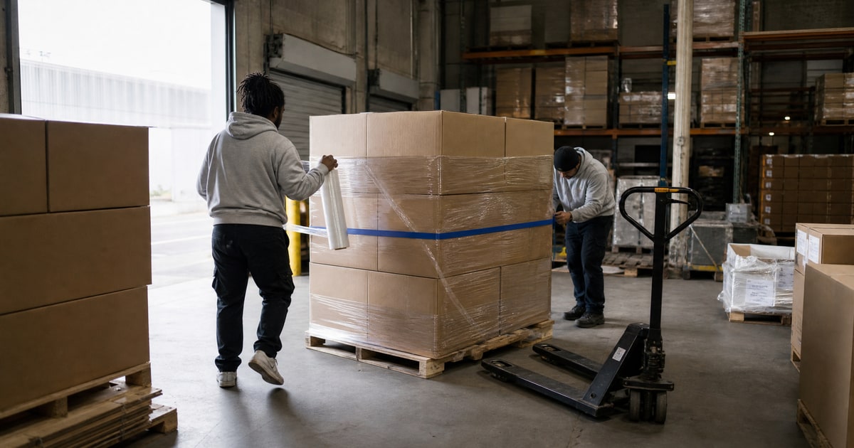 Flapen cover for What products to start with low budget on Amazon: Flapen operators wrapping a pallet at the roller door on loading day