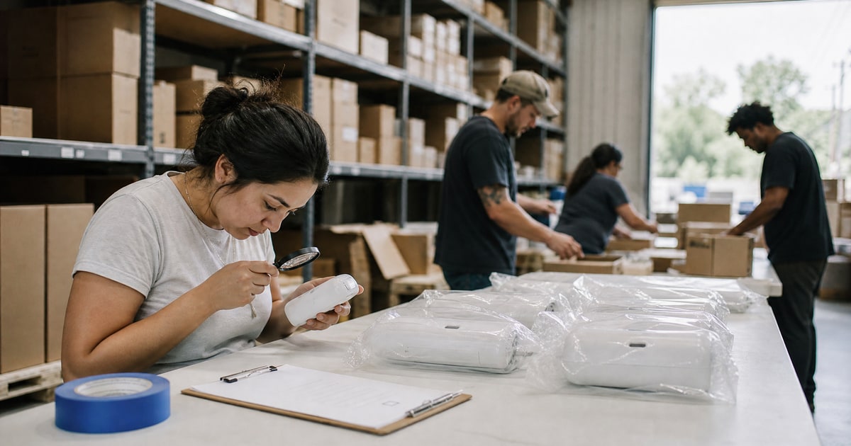 Flapen cover for ROI benchmarks for Amazon PPC in the UK: inspecting a unit with a magnifying glass at a warehouse QC bench