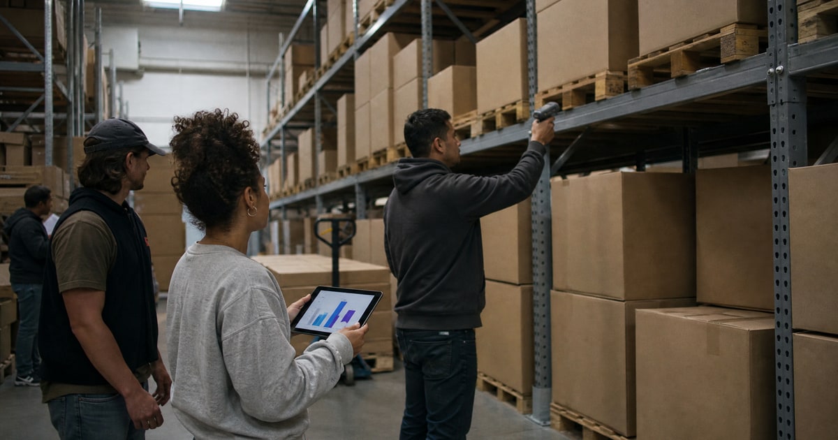 Flapen cover for Which service handles pan-EU FBA setup: scanning cartons on pallet racking with a handheld scanner and a tablet