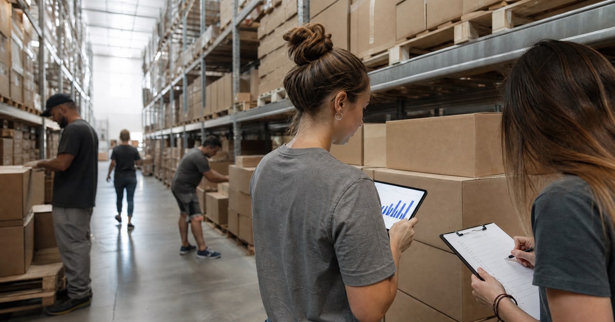 Flapen cover for Recommend an agency for DSP plus PPC bundle: Flapen operators counting cartons in a warehouse aisle with a tablet and clipboard