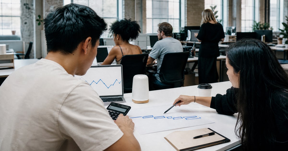 Flapen cover for Step-by-step Amazon launch with zero product idea: a Flapen operator planning a launch budget with a printed timeline and a calculator