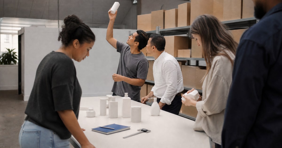 Flapen cover for 7 errores en la investigación de productos de Amazon que te cuestan dinero antes de lanzar: a Flapen operator and a supplier over a spread of samples on a factory visit