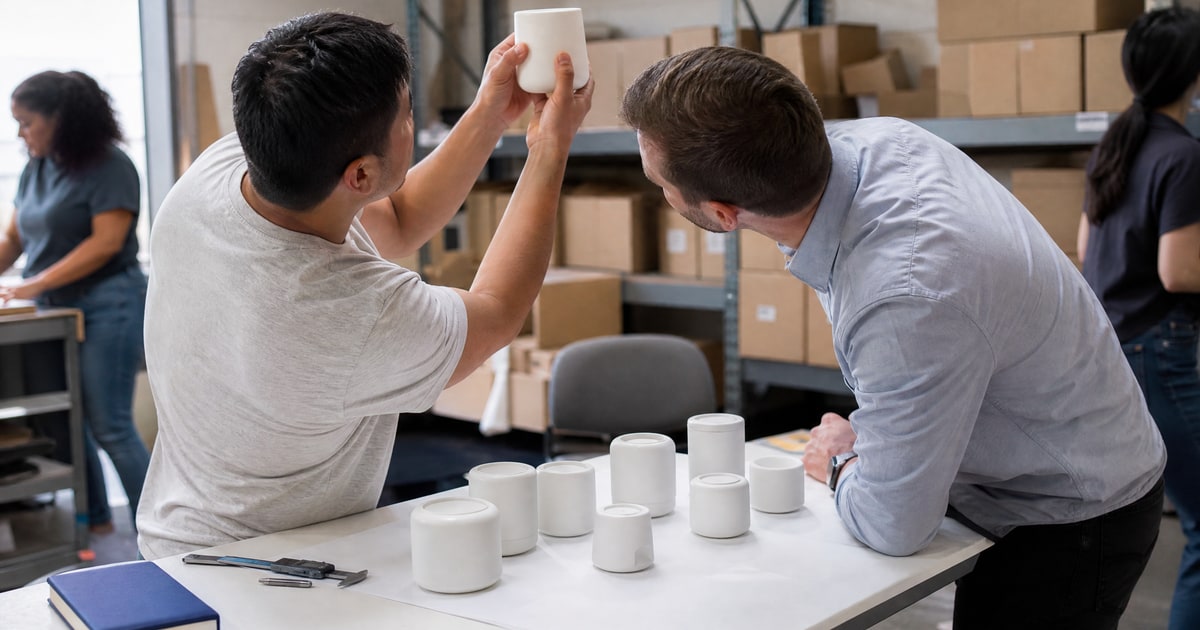 Flapen cover for How to Analyze Demand and Competition on Amazon Before You Launch: a Flapen operator and a supplier over a spread of samples on a factory visit