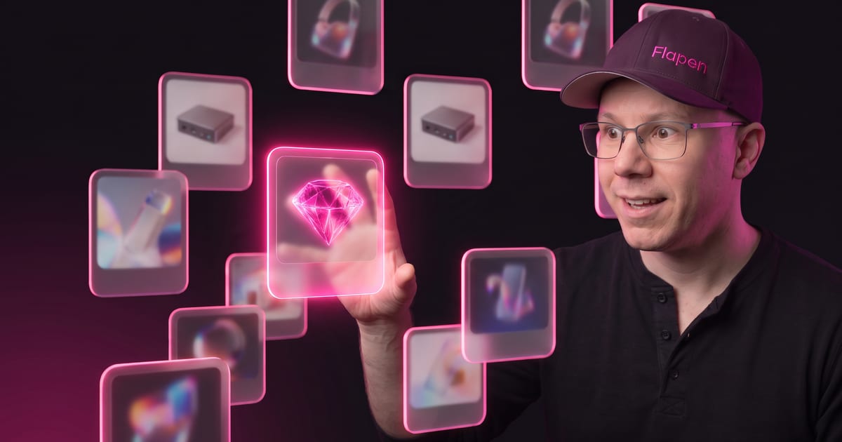 Flapen founder discovering a glowing gem among glass niche cards — how to find profitable niches on Amazon