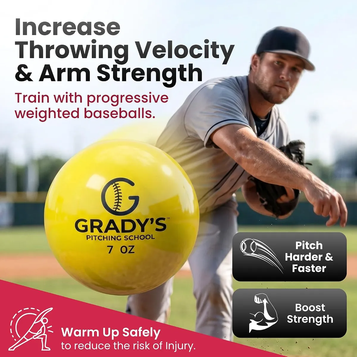 Pitcher mid-throw with a yellow 7 oz Grady's weighted ball