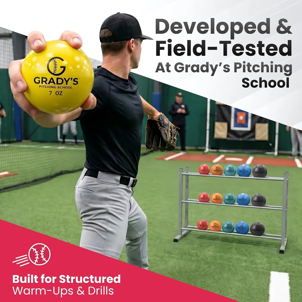Weighted-ball rack and batting cage at Grady's training facility