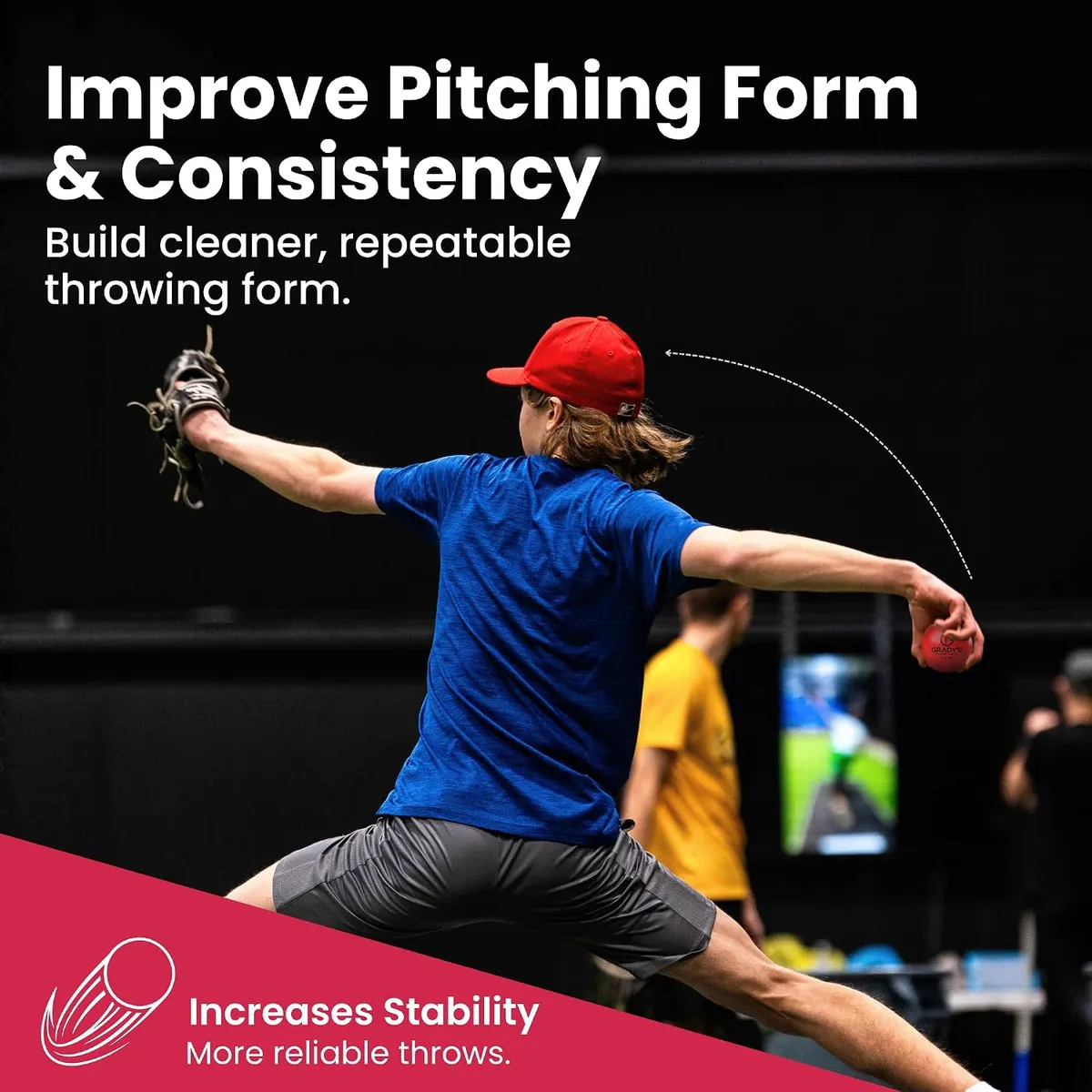 Pitcher mid-delivery training with a red Grady's ball