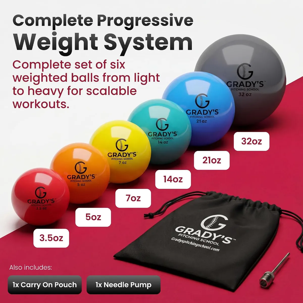 The six Grady's weighted balls from 3.5 to 32 oz with the carry pouch
