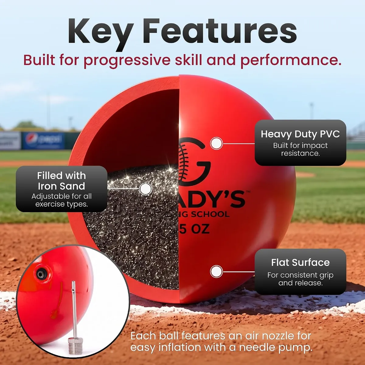 Cutaway of a Grady's ball showing the iron-sand fill