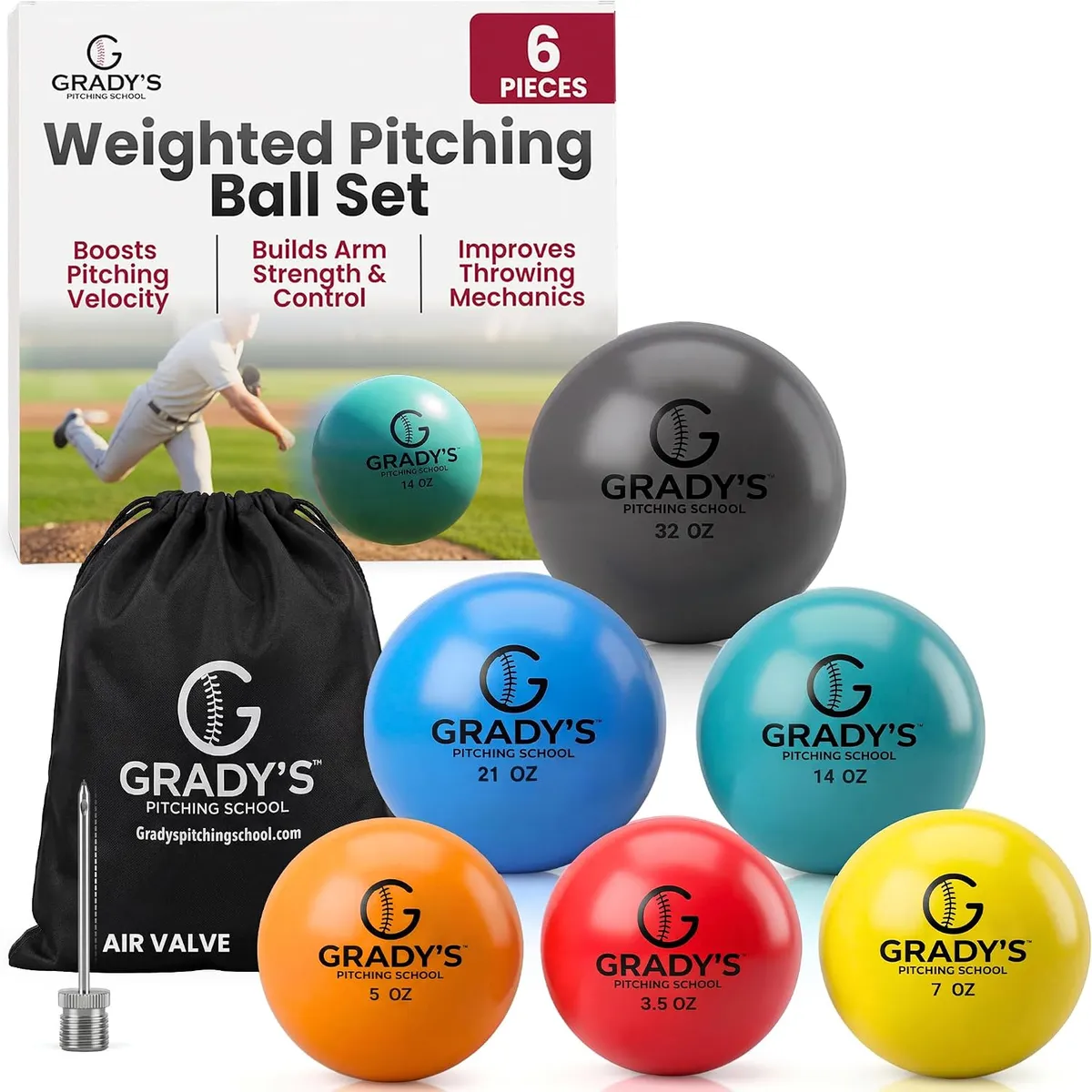 The Grady's weighted pitching ball set listing image showing the box, carry bag, air valve and six balls
