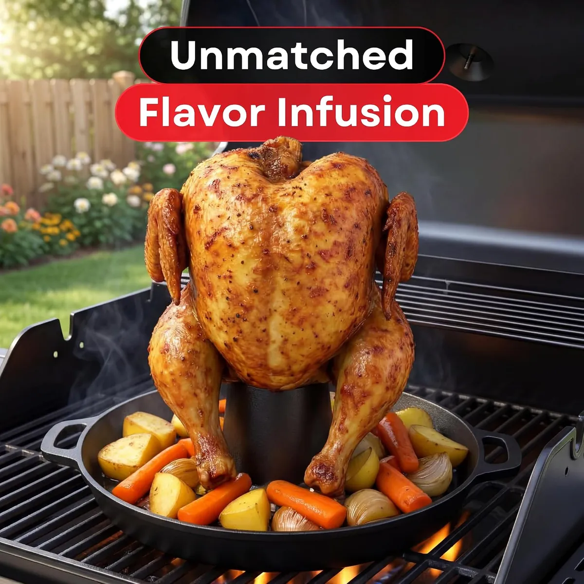 Whole seasoned chicken standing upright on the cast-iron beer-can holder inside a gas grill with smoke rising