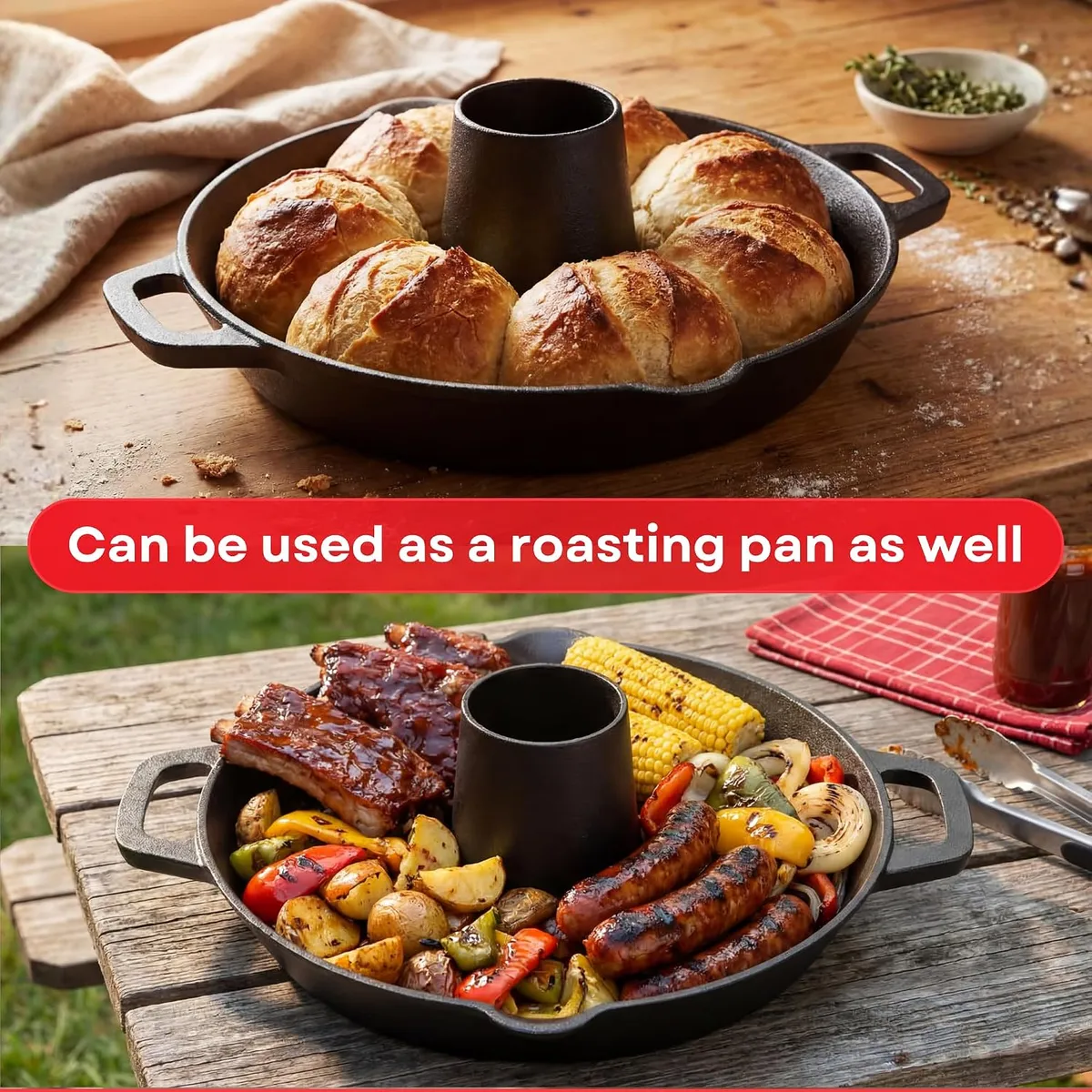 Cast-iron pan baking a ring of bread rolls, with a second pan holding ribs, sausages, corn and grilled vegetables