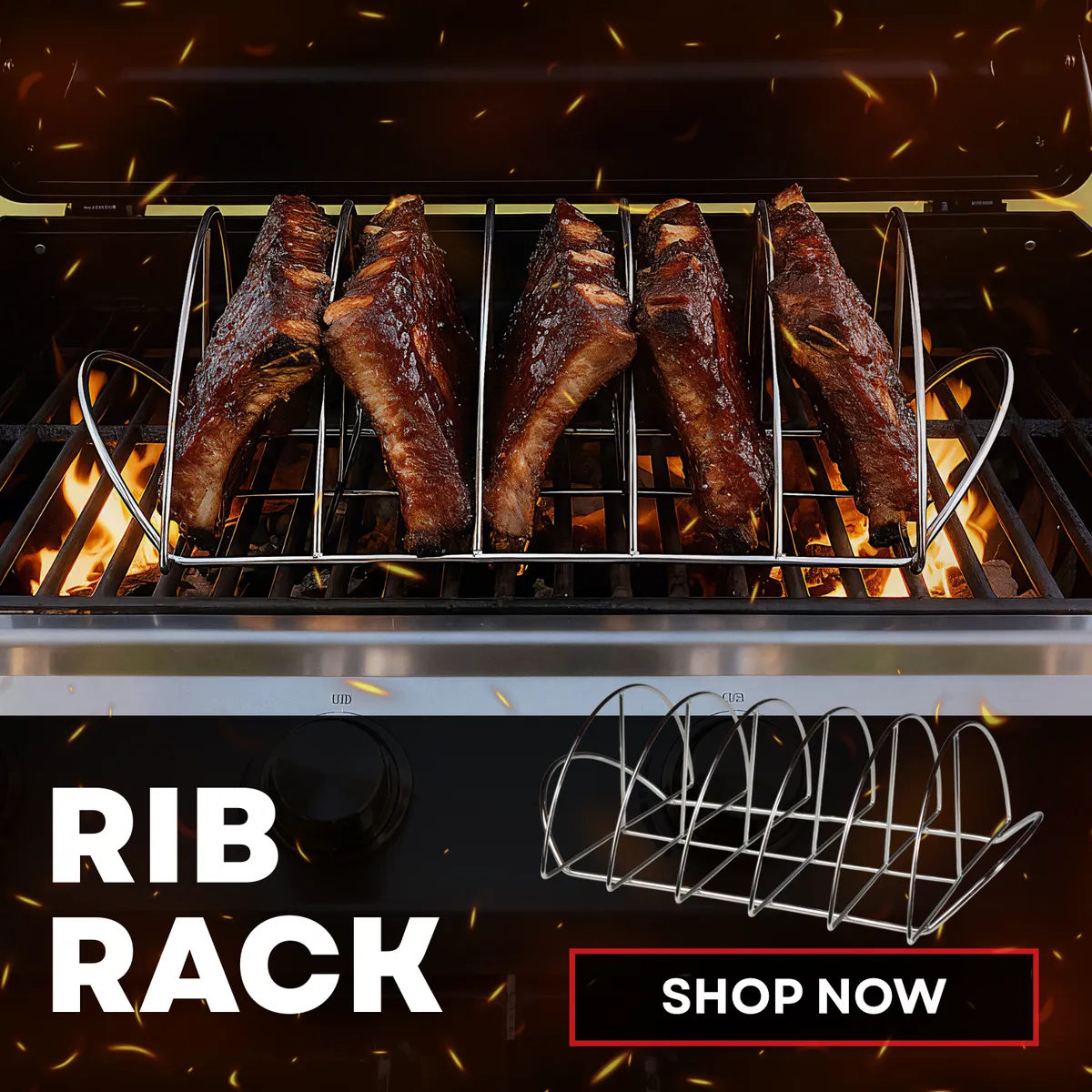Five racks of glazed ribs standing in a stainless rib rack over open flames on a grill