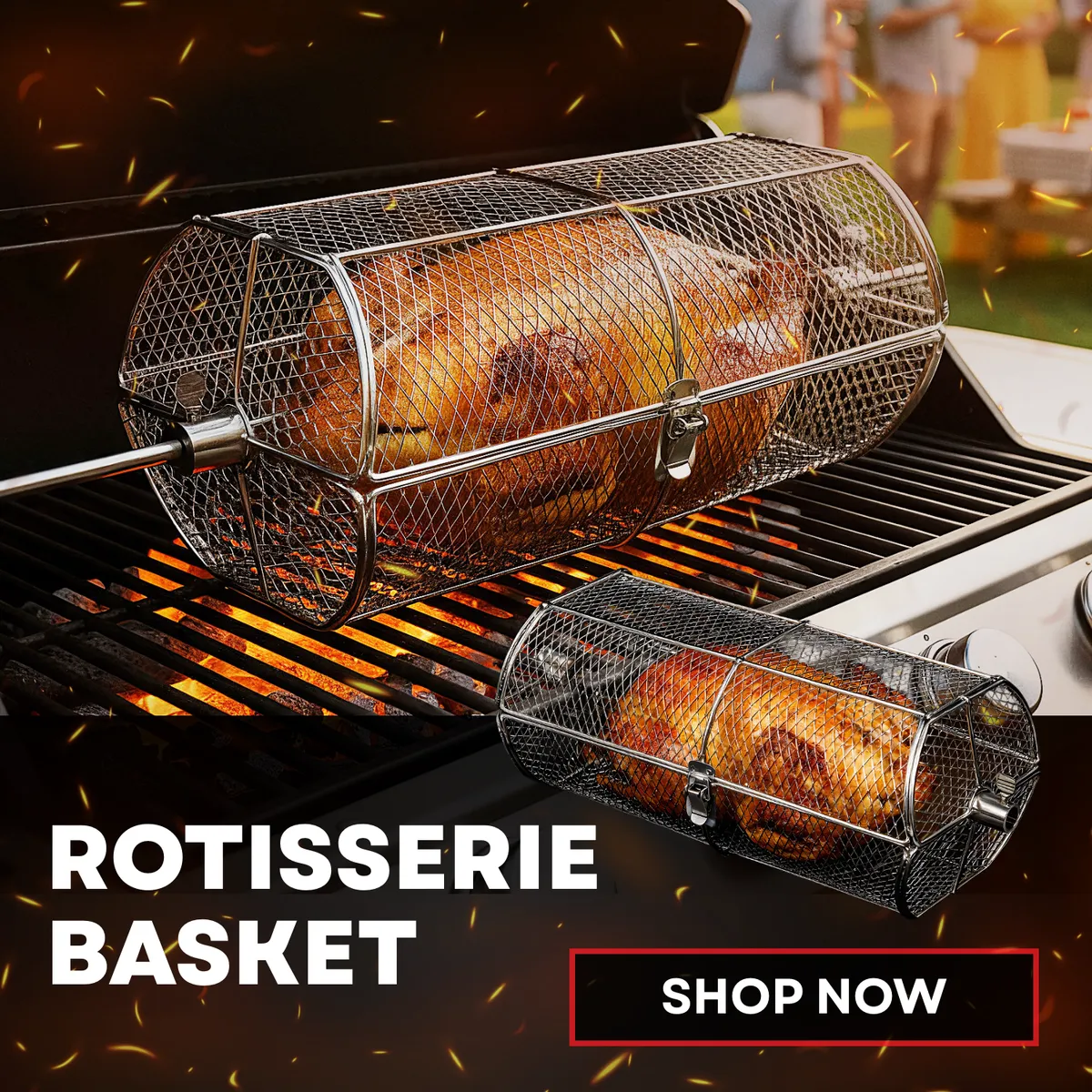 Stainless mesh rotisserie basket holding a whole chicken turning over glowing coals on a gas grill
