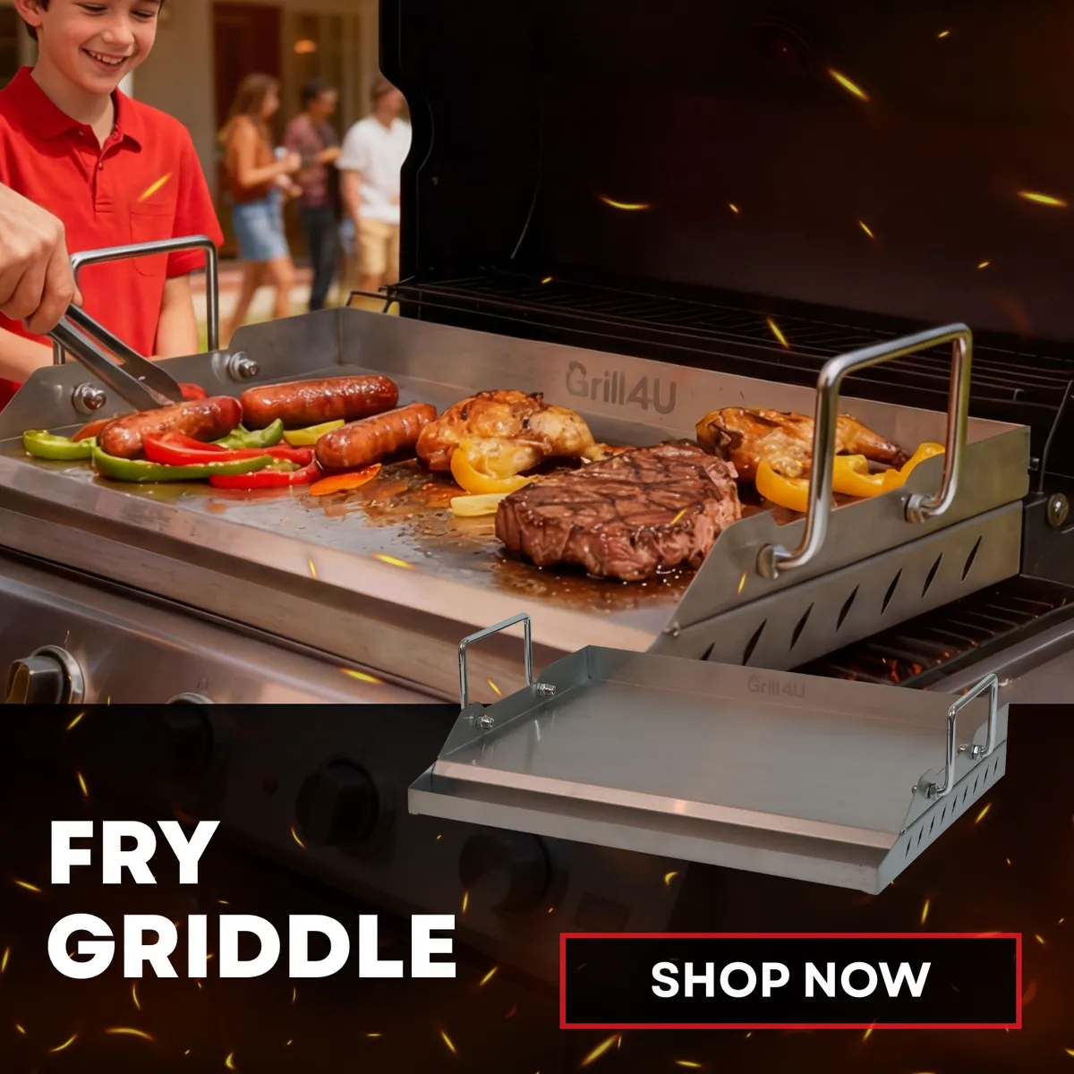 Steak, sausages, chicken and peppers cooking on a stainless Grill 4U fry griddle set on a gas grill