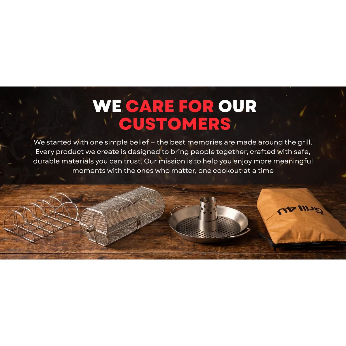 Stainless rib rack, rotisserie basket, chicken roaster pan and Grill 4U branded bag lined up on a wooden table