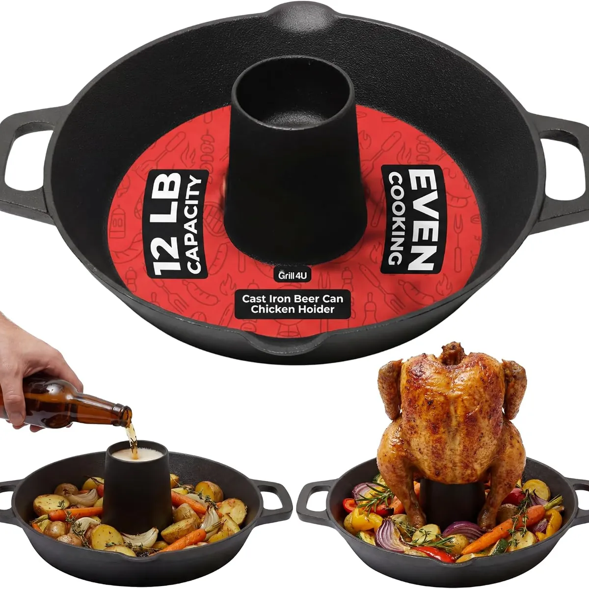 Cast-iron beer-can chicken holder pan with two loop handles and centre cone, with insets of a roasted chicken standing in the pan