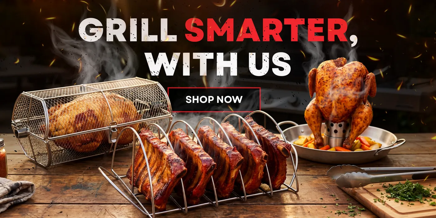 Grill 4U storefront banner with a rotisserie basket, glazed ribs in a rib rack and a beer-can chicken on a rustic wooden table
