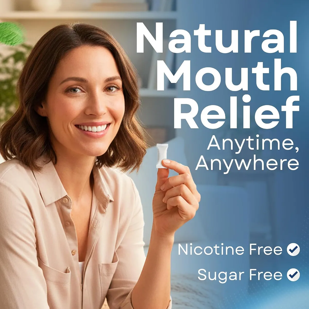 Smiling woman in a living room holding up a small white RHEO pouch