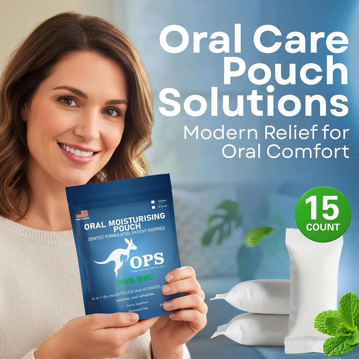 Woman holding a blue OPS Oral Moisturising Pouch bag in Cool Rush flavor