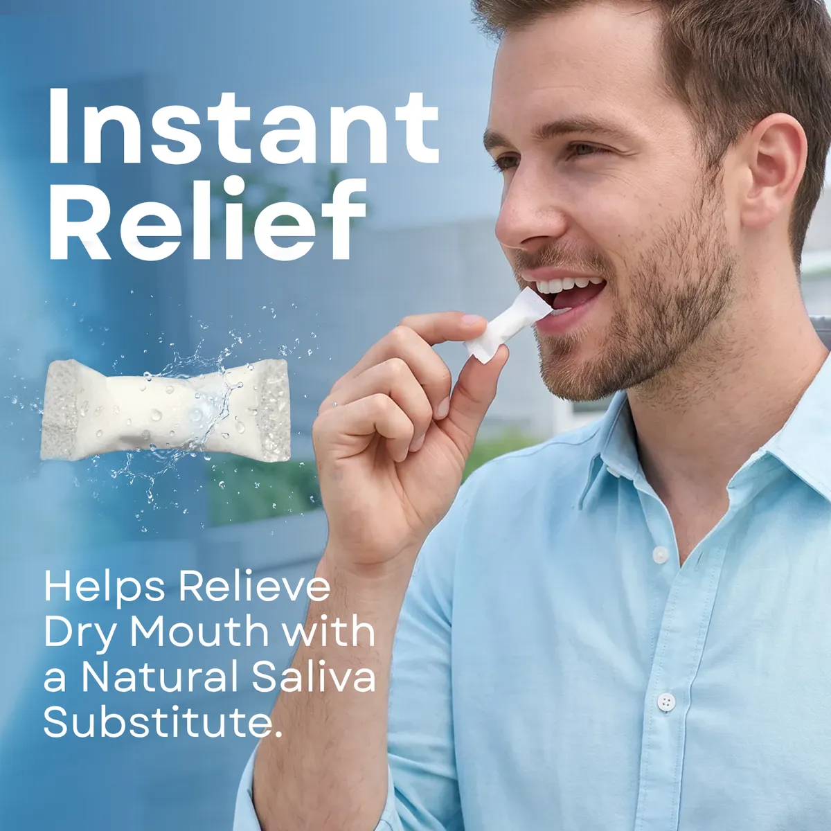 Man in a light blue shirt tucking a white pouch into his mouth beside a splashing pouch graphic