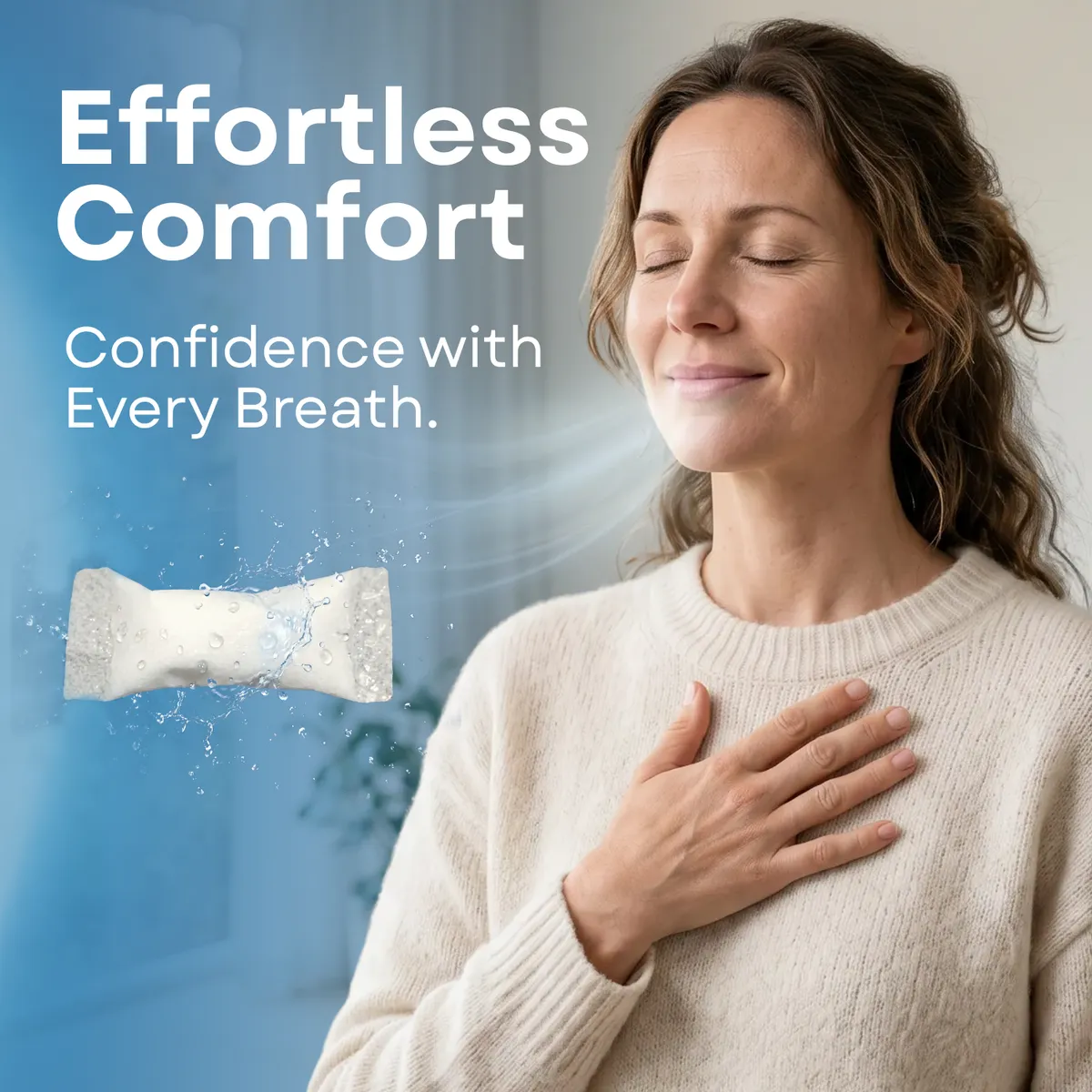 Woman with eyes closed and hand on chest in a calm portrait from the store creative