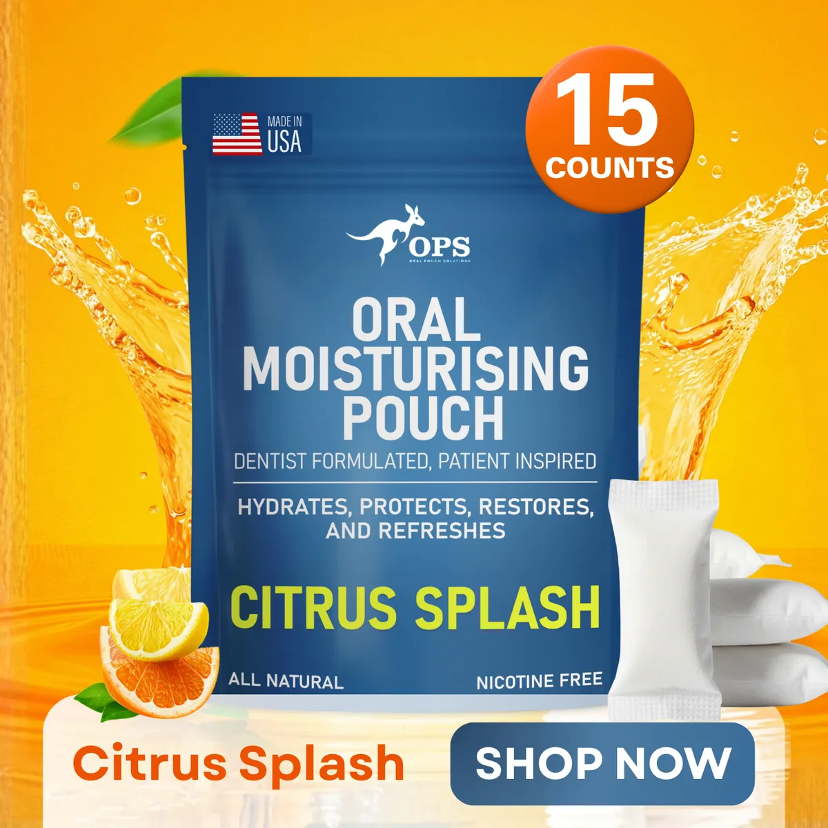 OPS Oral Moisturising Pouch bag in Citrus Splash flavor with orange juice splash and citrus slices