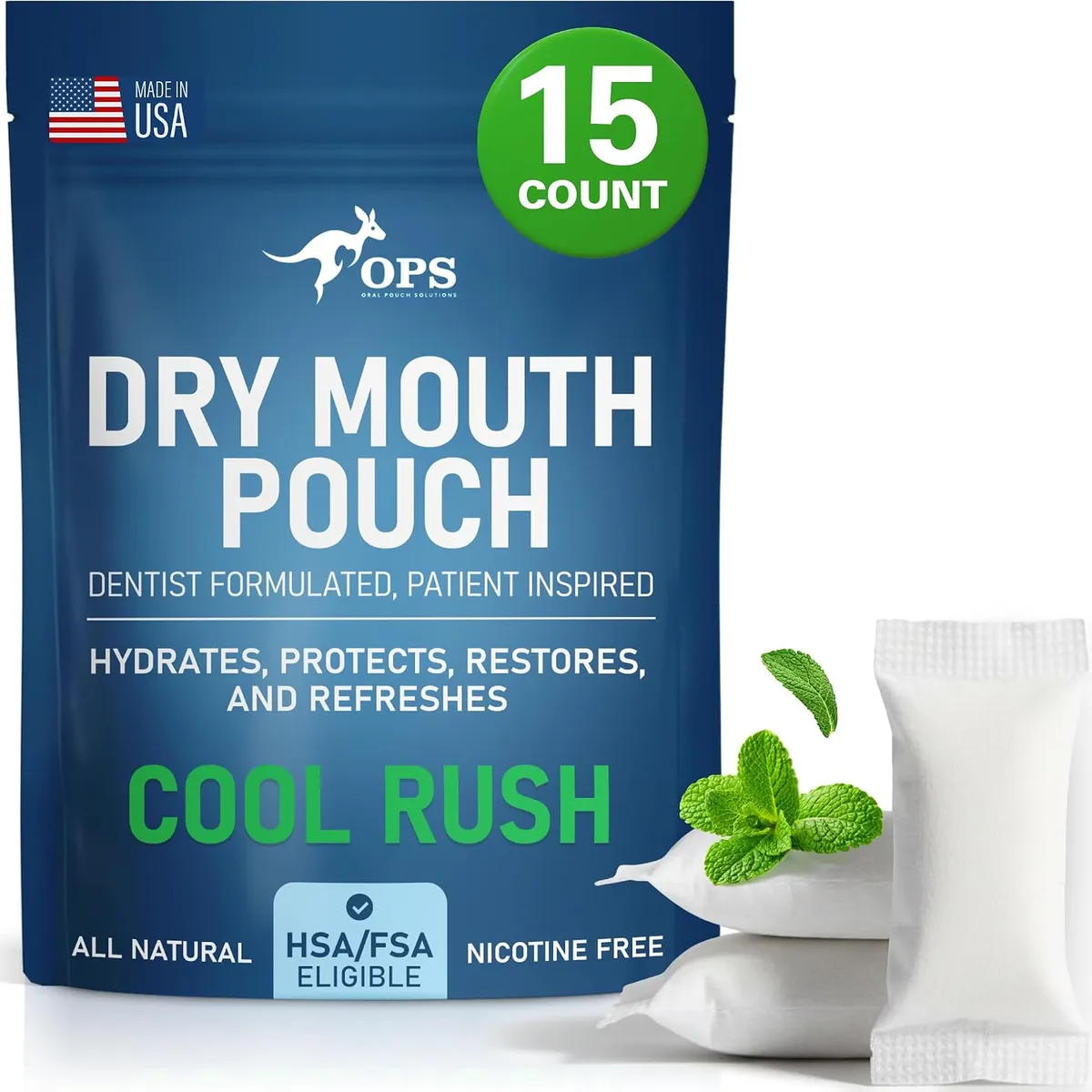 Blue OPS Dry Mouth Pouch resealable bag, Cool Rush flavor, with two white pouches and fresh mint leaves