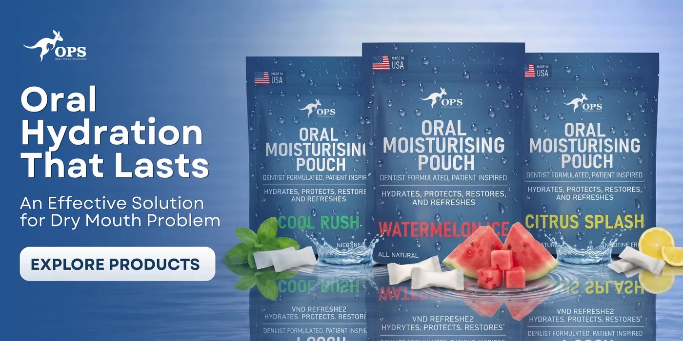 Storefront banner with three OPS pouch bags in Cool Rush, Watermelon Ice and Citrus Splash flavors standing in rippling water